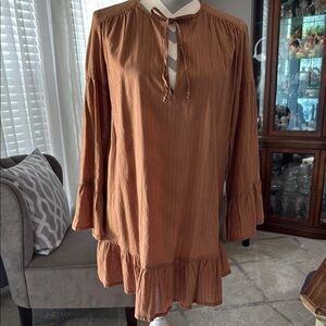 VIX by Paula Hermanny Brown Long Sleeve Swimsuit CoverUp Ruffle Hem
